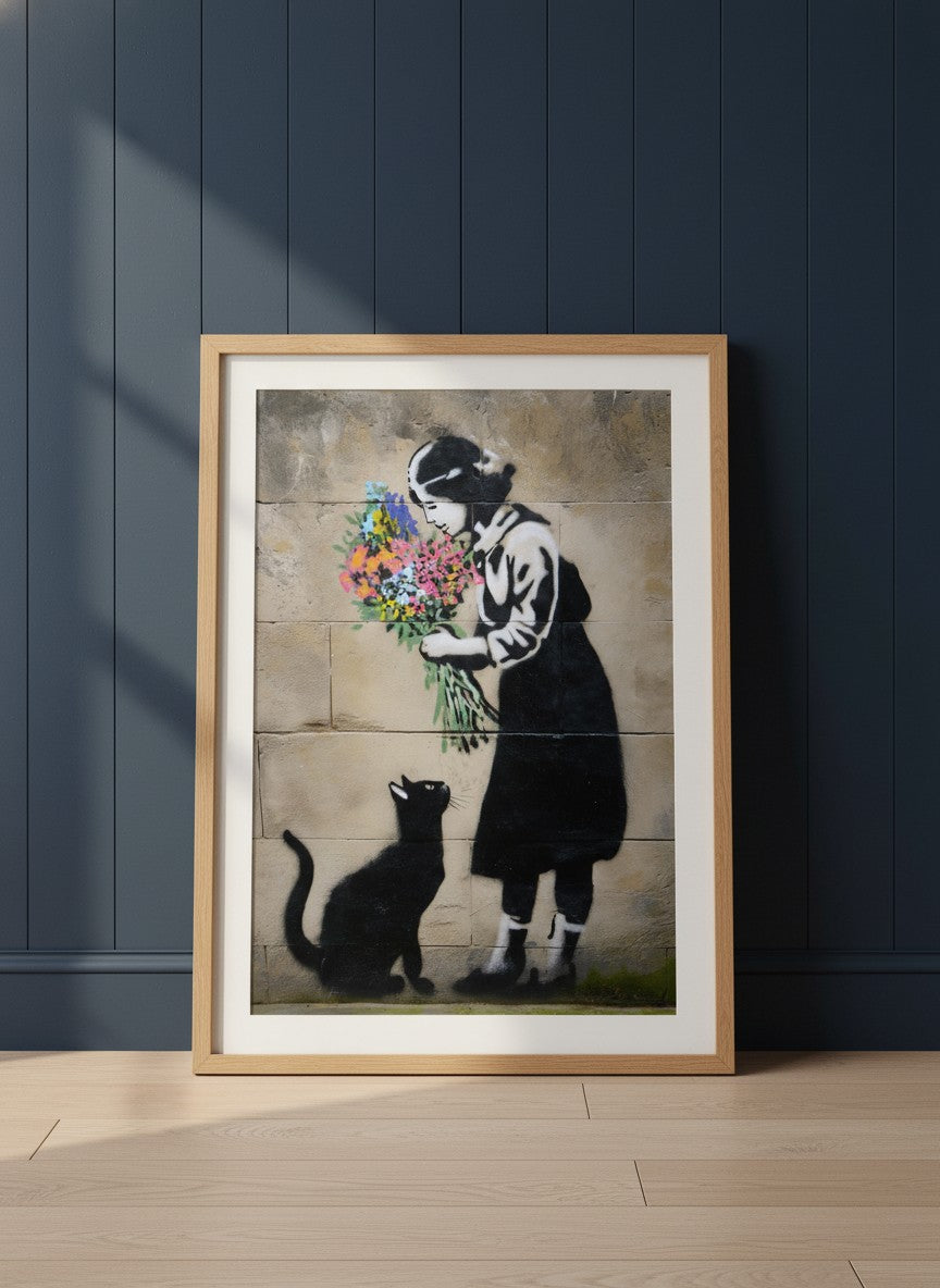 Street Art Girl Cat Flowers art print