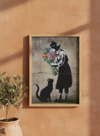 Street Art Girl Cat Flowers art print shown in a terracotta rustic setting