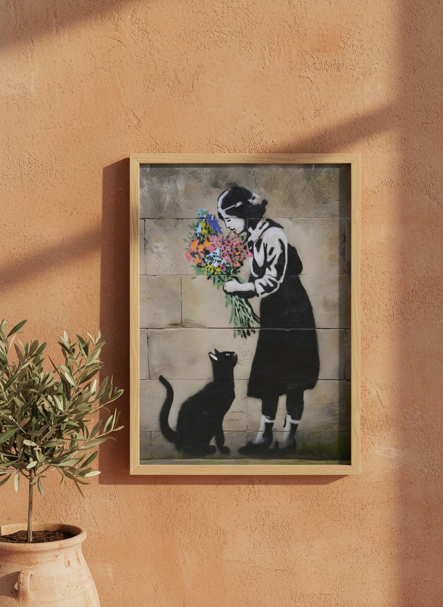 Street Art Girl Cat Flowers art print shown in a terracotta rustic setting