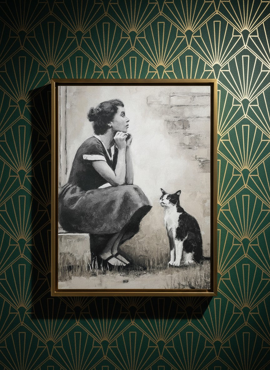 Vintage Woman Cat Portrait Art art print shown in a art deco geometric setting