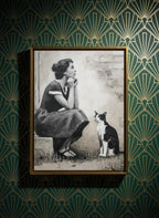 Vintage Woman Cat Portrait Art art print shown in a art deco geometric setting