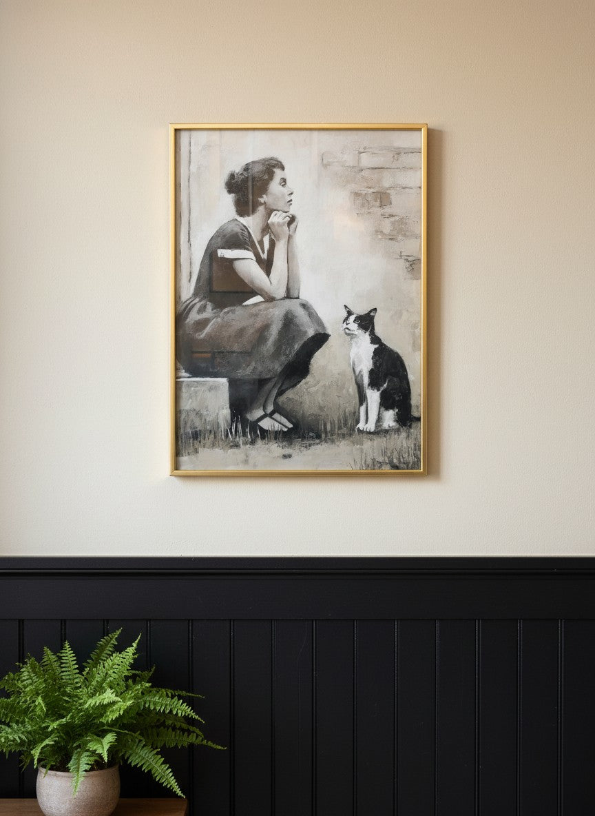Vintage Woman Cat Portrait Art art print shown in a black wainscoting gold setting