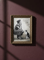Vintage Woman Cat Portrait Art art print shown in a burgundy brass setting