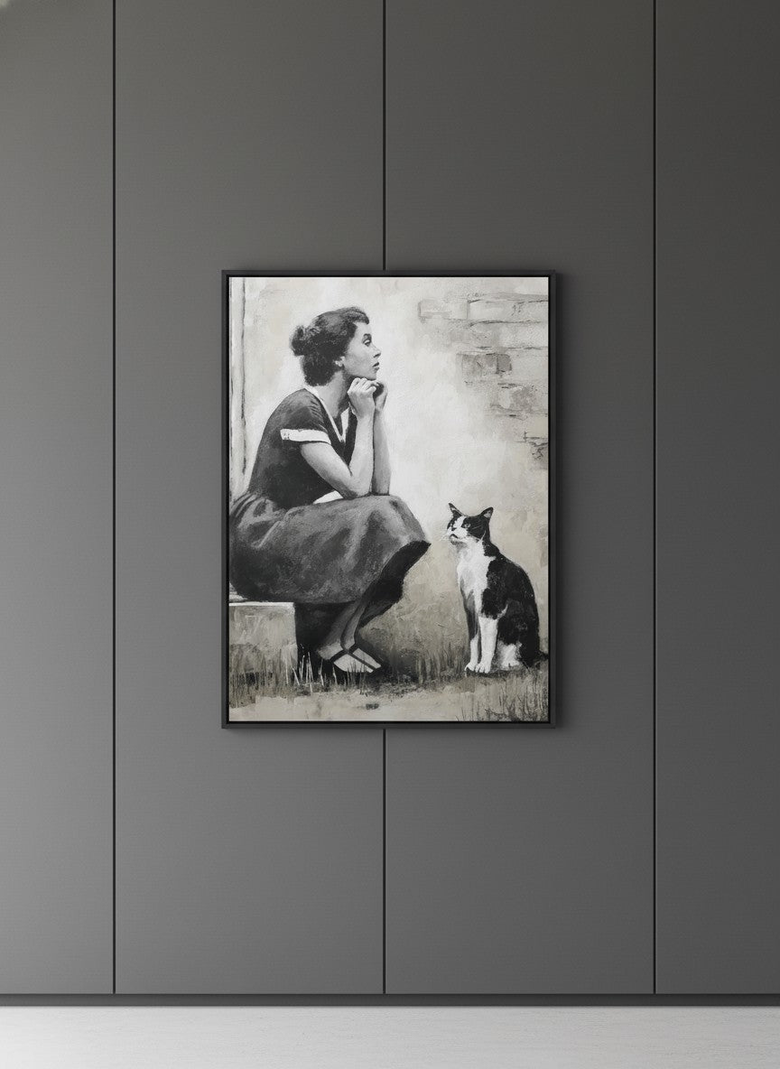 Vintage Woman Cat Portrait Art art print shown in a charcoal minimal black setting