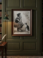 Vintage Woman Cat Portrait Art art print shown in a dark olive study setting