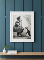 Vintage Woman Cat Portrait Art art print shown in a deep teal modern setting