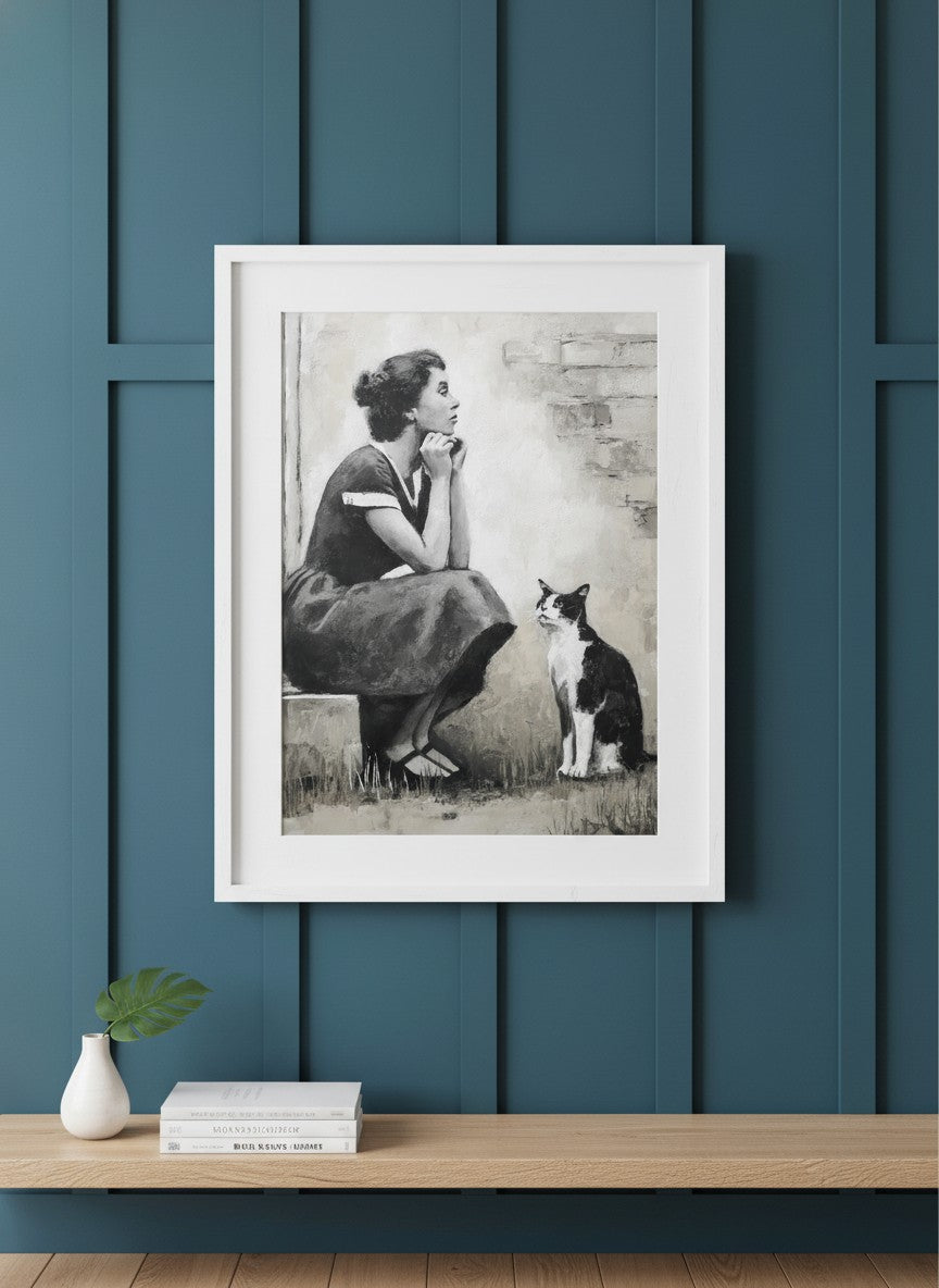 Vintage Woman Cat Portrait Art art print shown in a deep teal modern setting