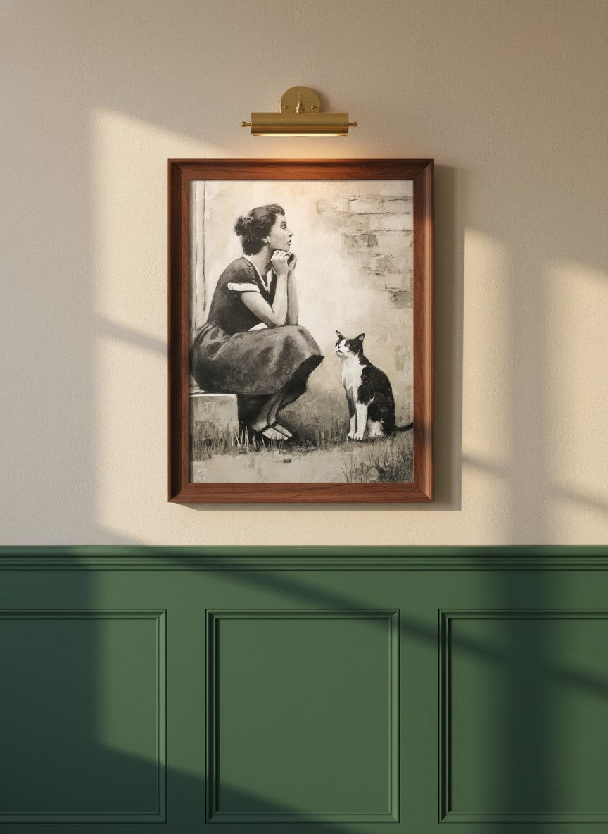 Vintage Woman Cat Portrait Art art print shown in a forest green walnut setting