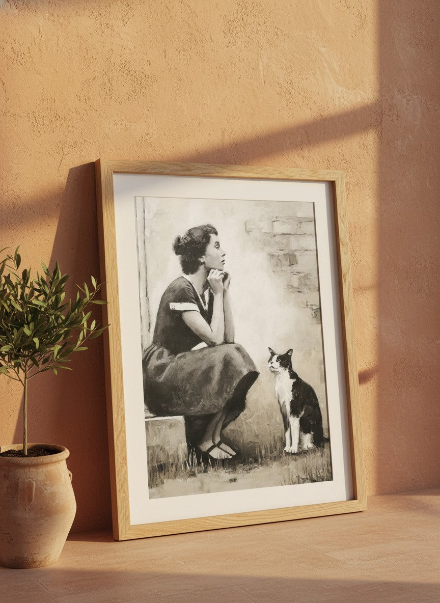 Vintage Woman Cat Portrait Art art print shown in a terracotta rustic setting
