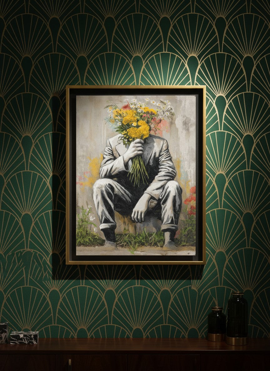 Flower Head Man Street Art art print shown in a art deco geometric setting