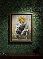 Flower Head Man Street Art art print shown in a art deco geometric setting