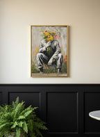 Flower Head Man Street Art art print shown in a black wainscoting gold setting