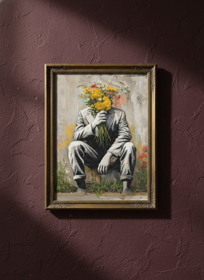 Flower Head Man Street Art art print shown in a burgundy brass setting