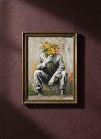 Flower Head Man Street Art art print shown in a burgundy brass setting