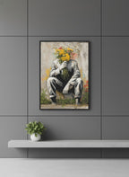 Flower Head Man Street Art art print shown in a charcoal minimal black setting