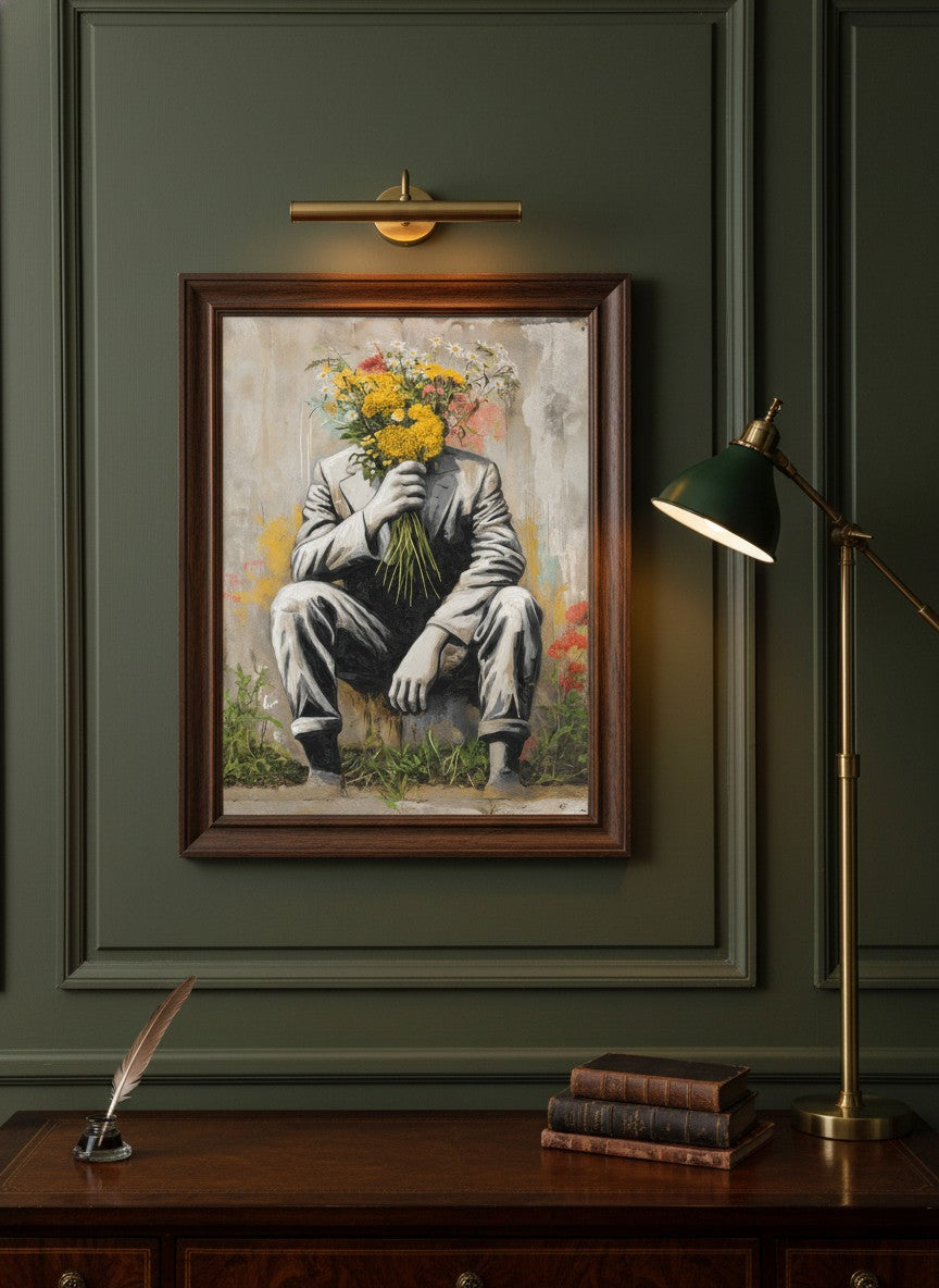 Flower Head Man Street Art art print shown in a dark olive study setting