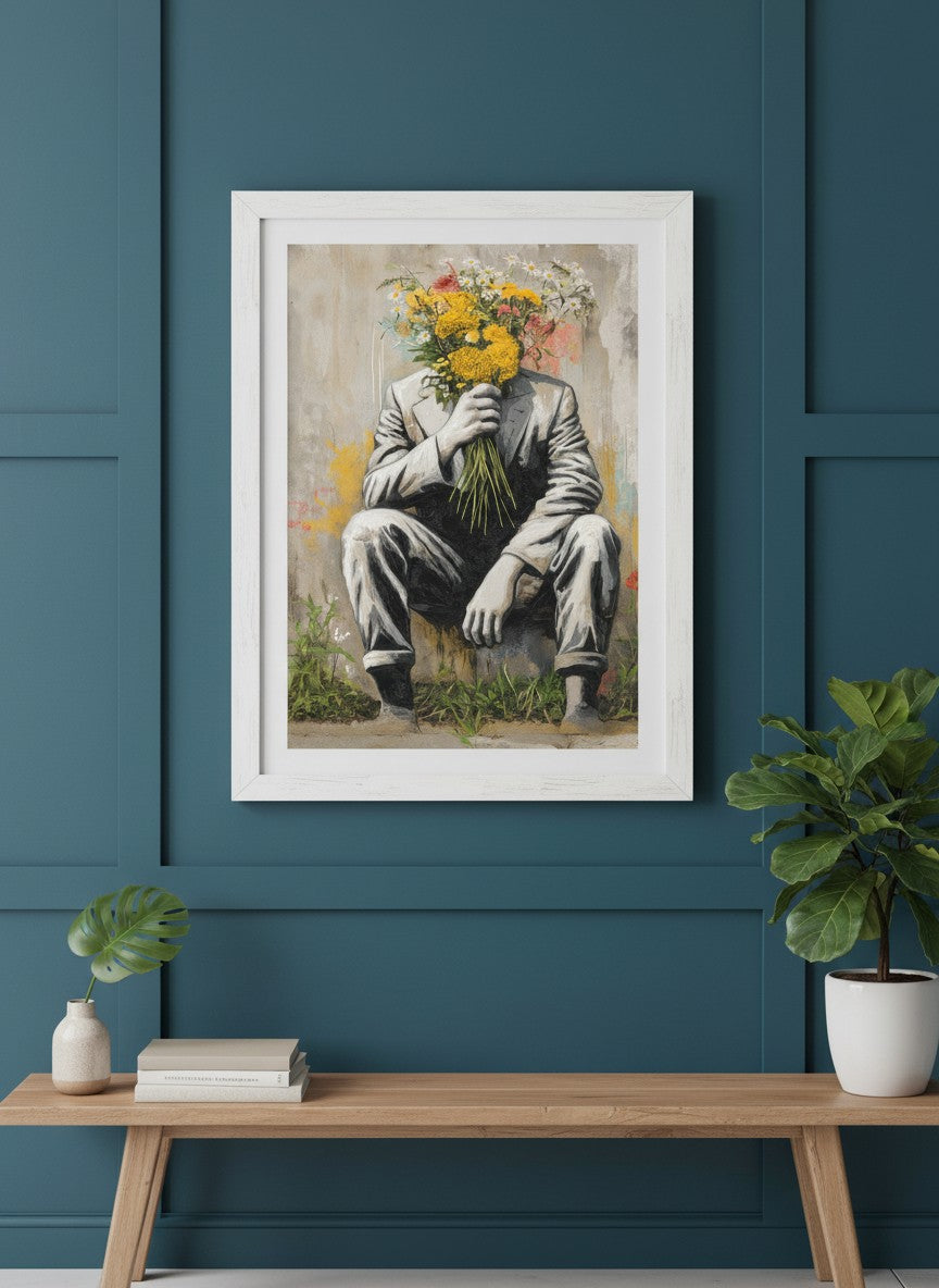 Flower Head Man Street Art art print shown in a deep teal modern setting