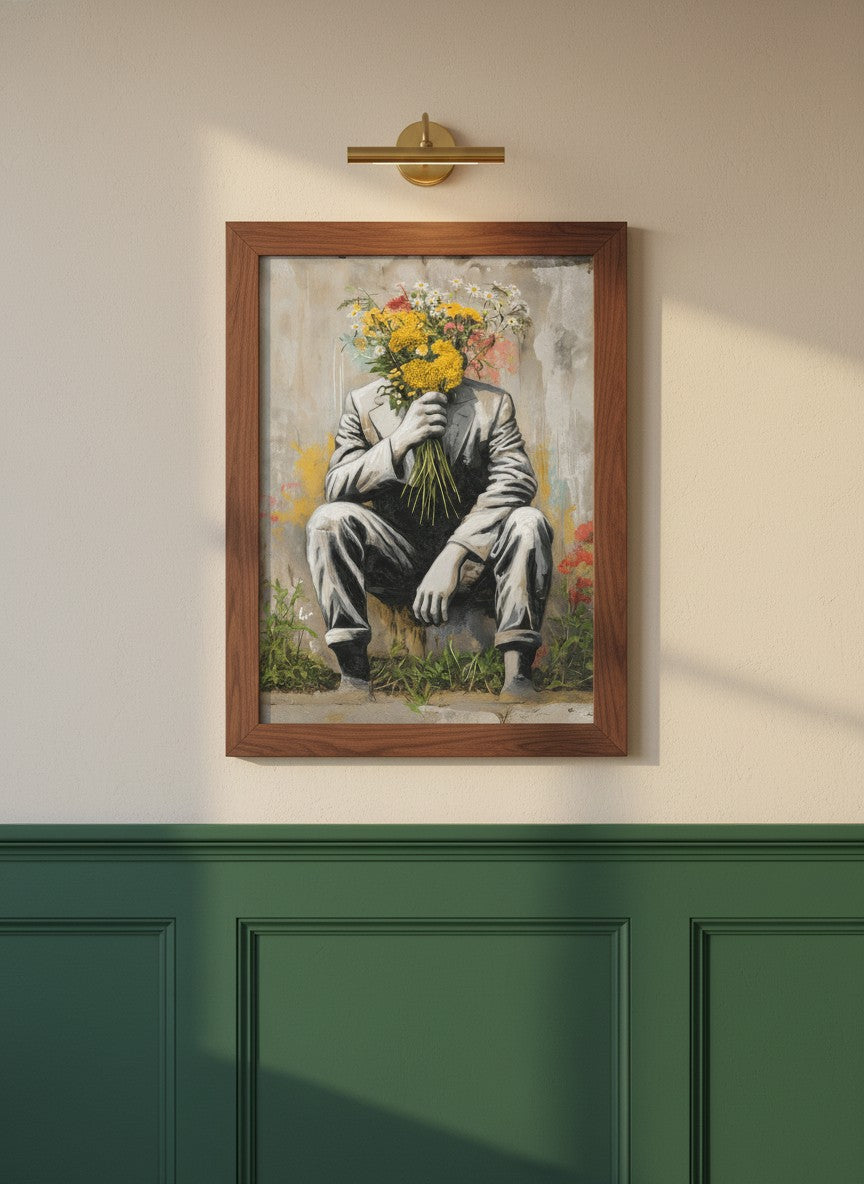 Flower Head Man Street Art art print shown in a forest green walnut setting