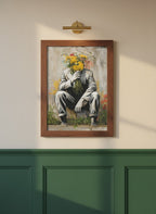 Flower Head Man Street Art art print shown in a forest green walnut setting