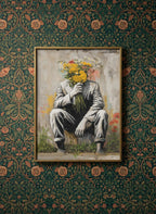 Flower Head Man Street Art art print shown in a maximalist floral brass setting