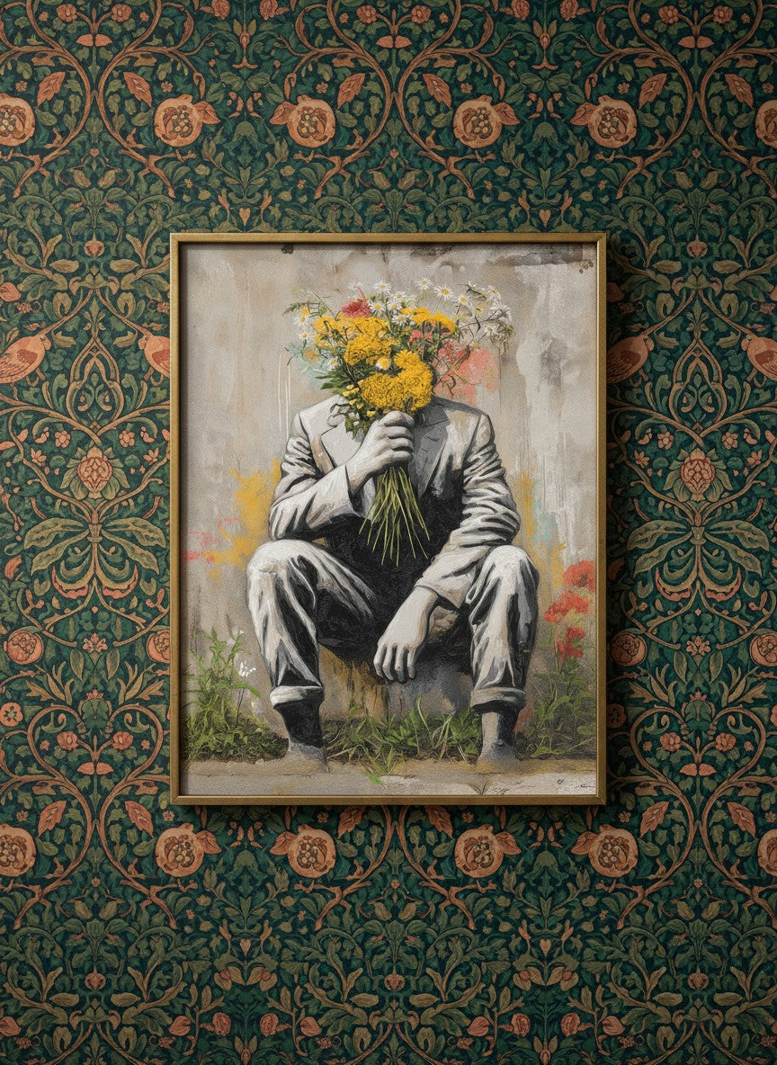 Flower Head Man Street Art art print shown in a maximalist floral brass setting