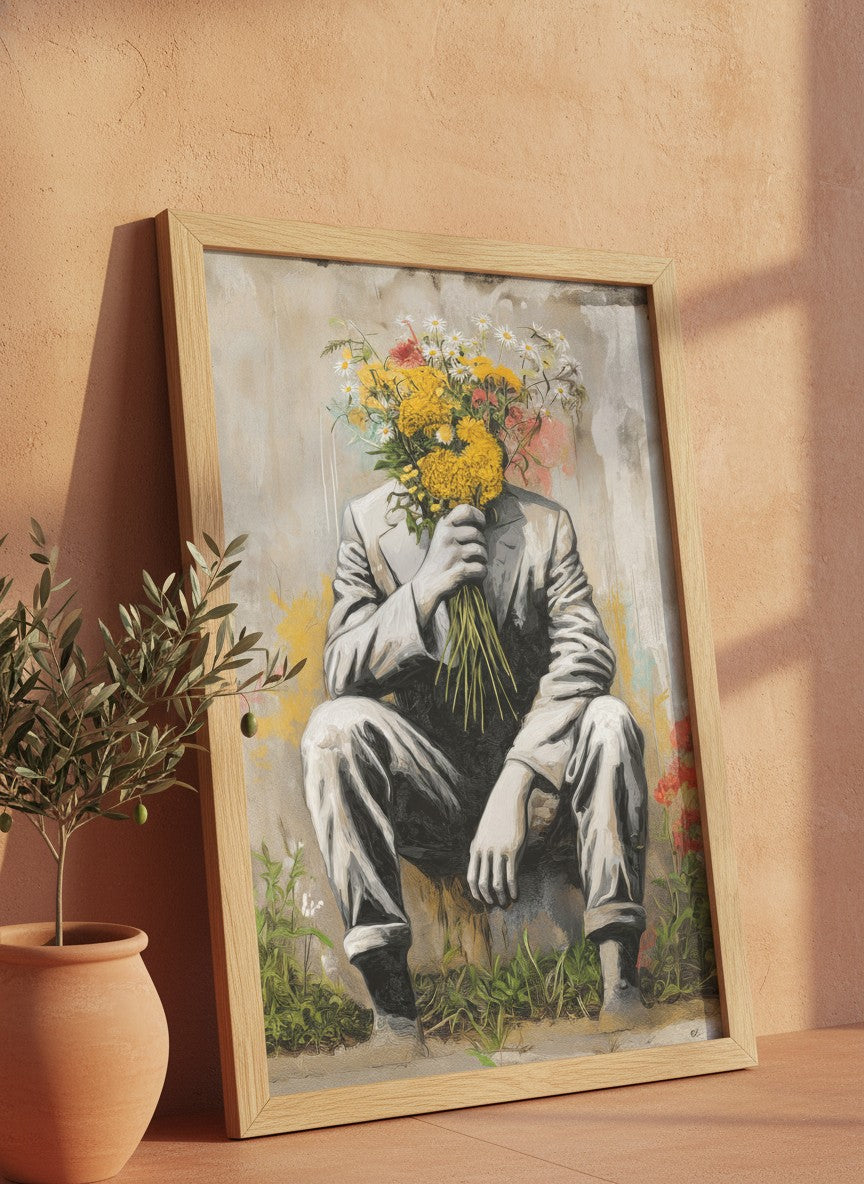 Flower Head Man Street Art art print shown in a terracotta rustic setting