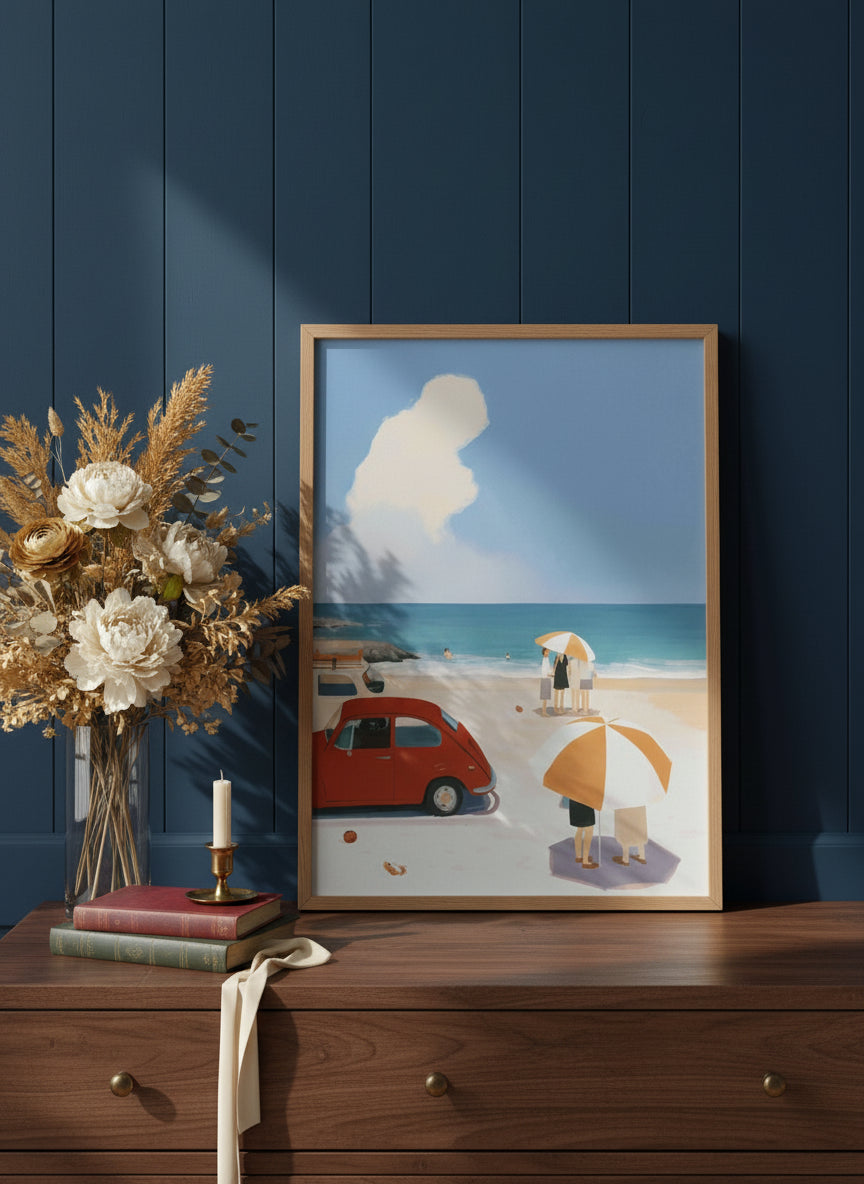 Vintage Beach Scene Illustration art print shown in a dresser dried florals setting