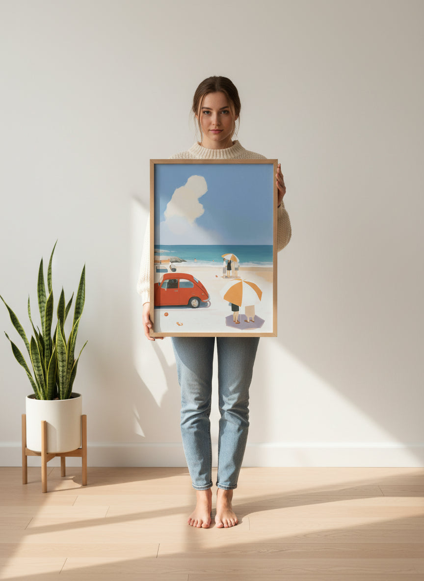 Vintage Beach Scene Illustration art print shown in a person holding bright setting