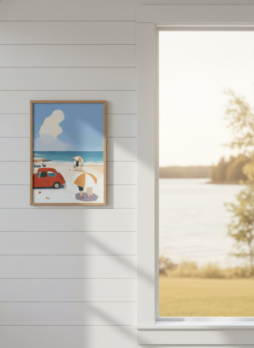 Vintage Beach Scene Illustration art print shown in a shiplap blurred view setting