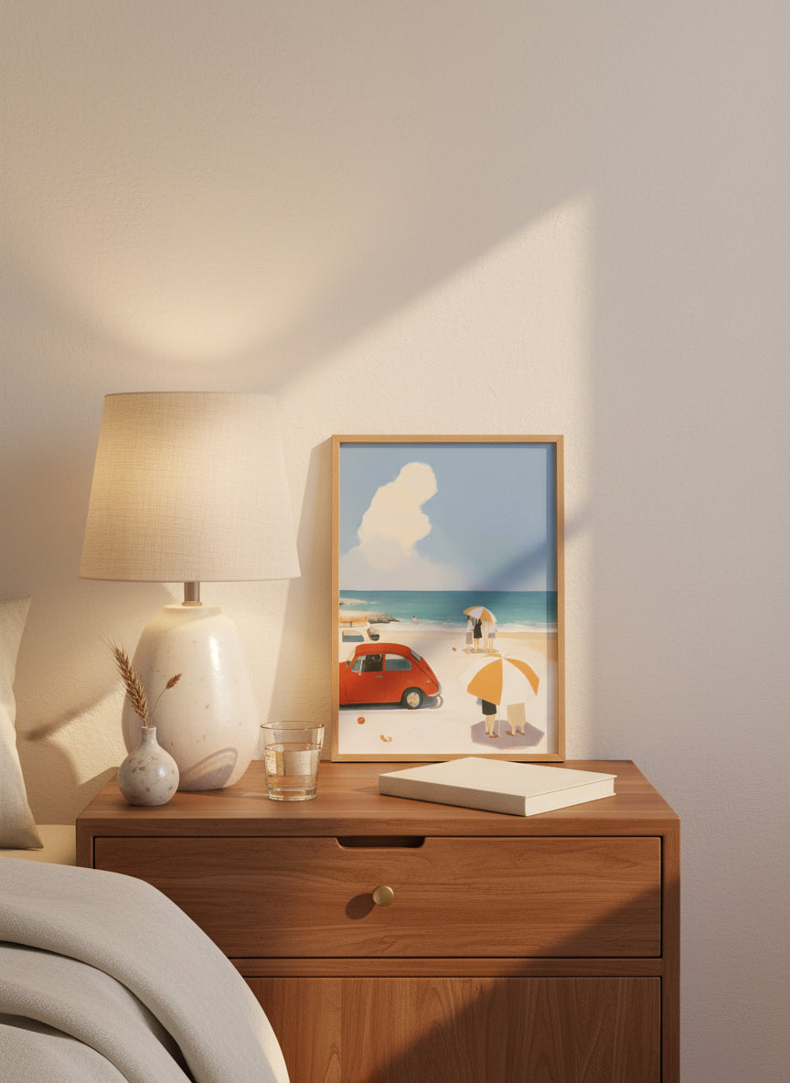 Vintage Beach Scene Illustration art print shown in a small bedside oak setting