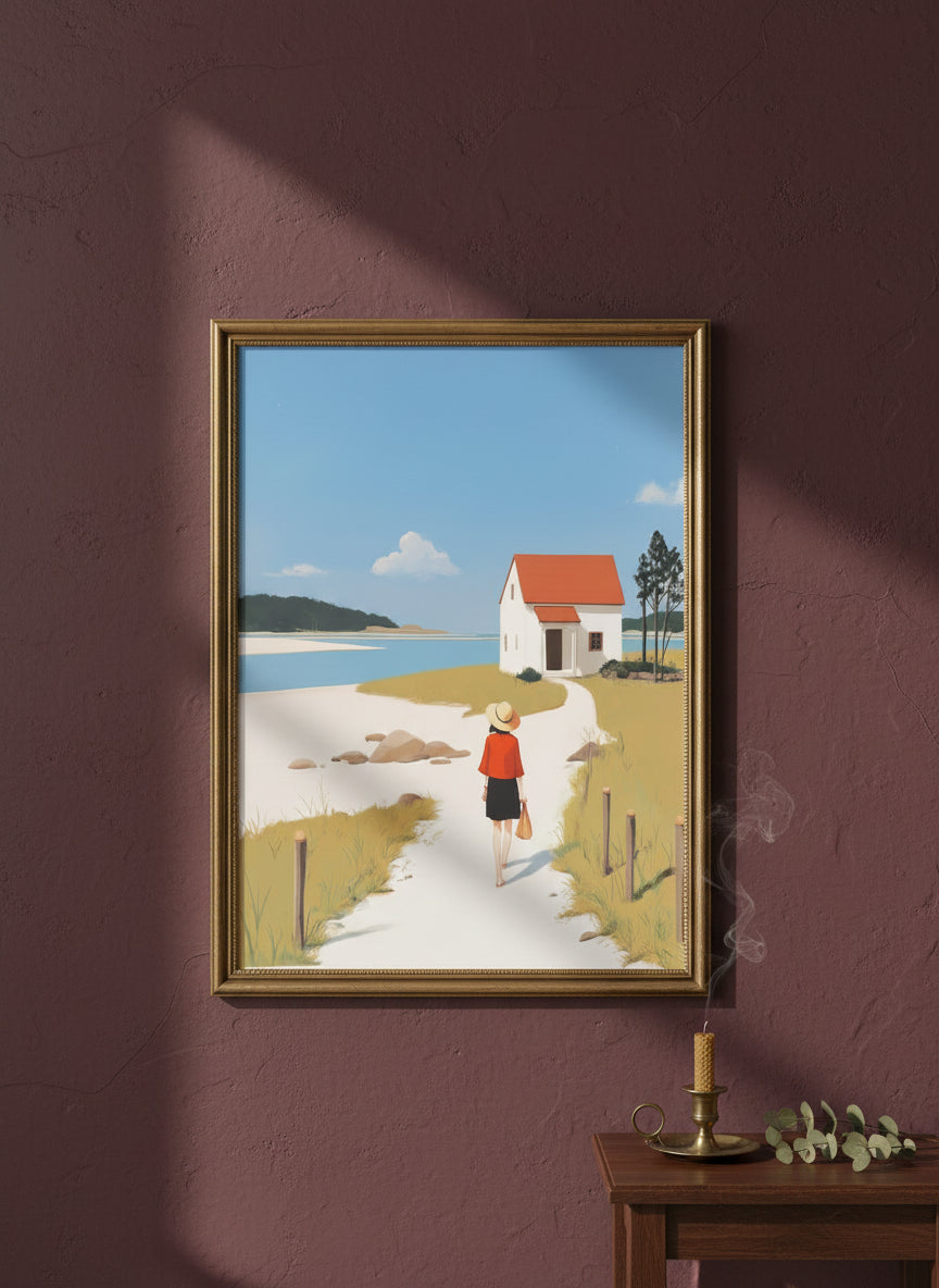Coastal Cottage Woman Walking Art art print shown in a burgundy brass setting