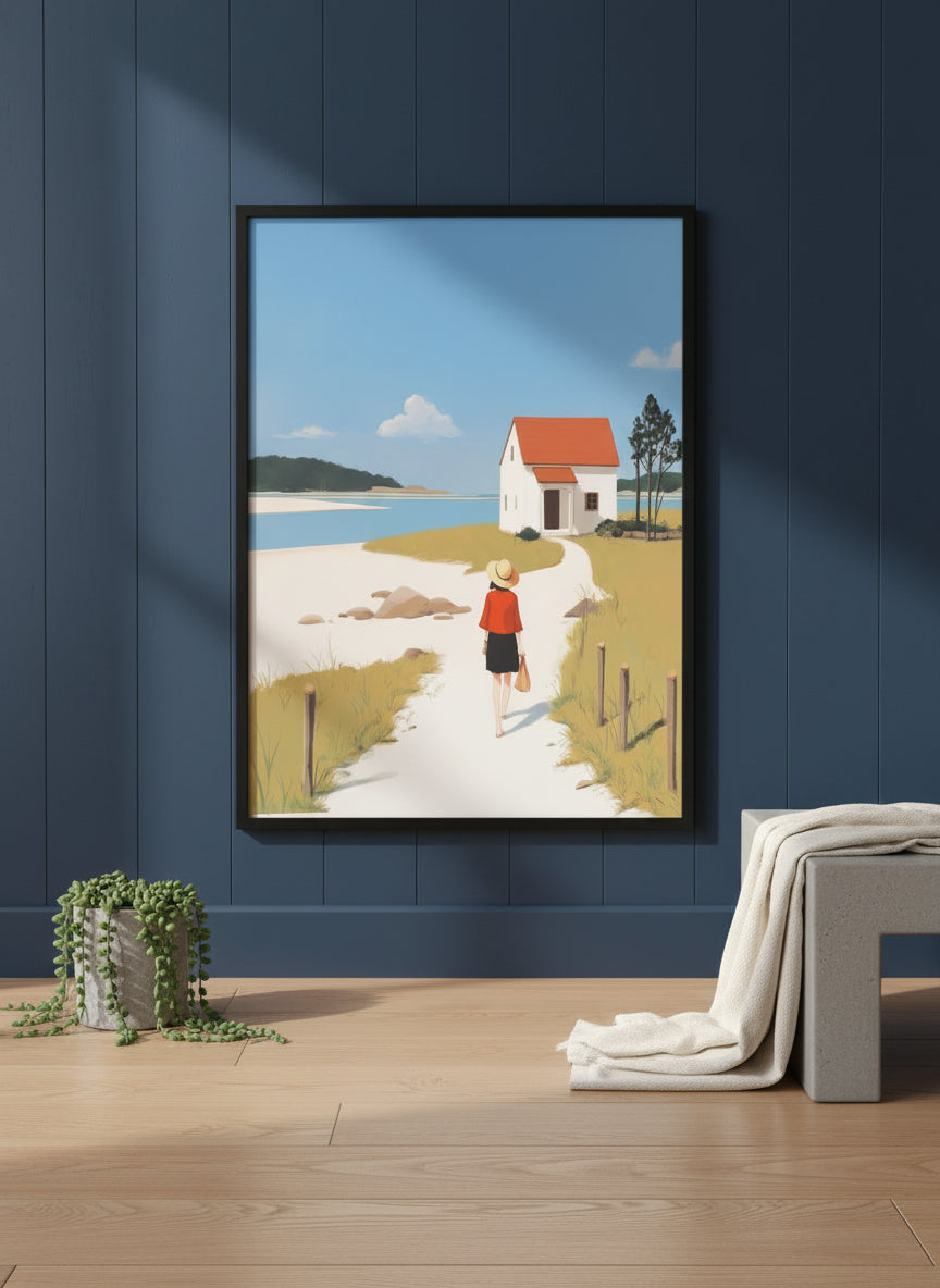 Coastal Cottage Woman Walking Art art print shown in a charcoal minimal black setting