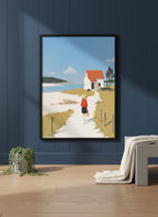 Coastal Cottage Woman Walking Art art print shown in a charcoal minimal black setting