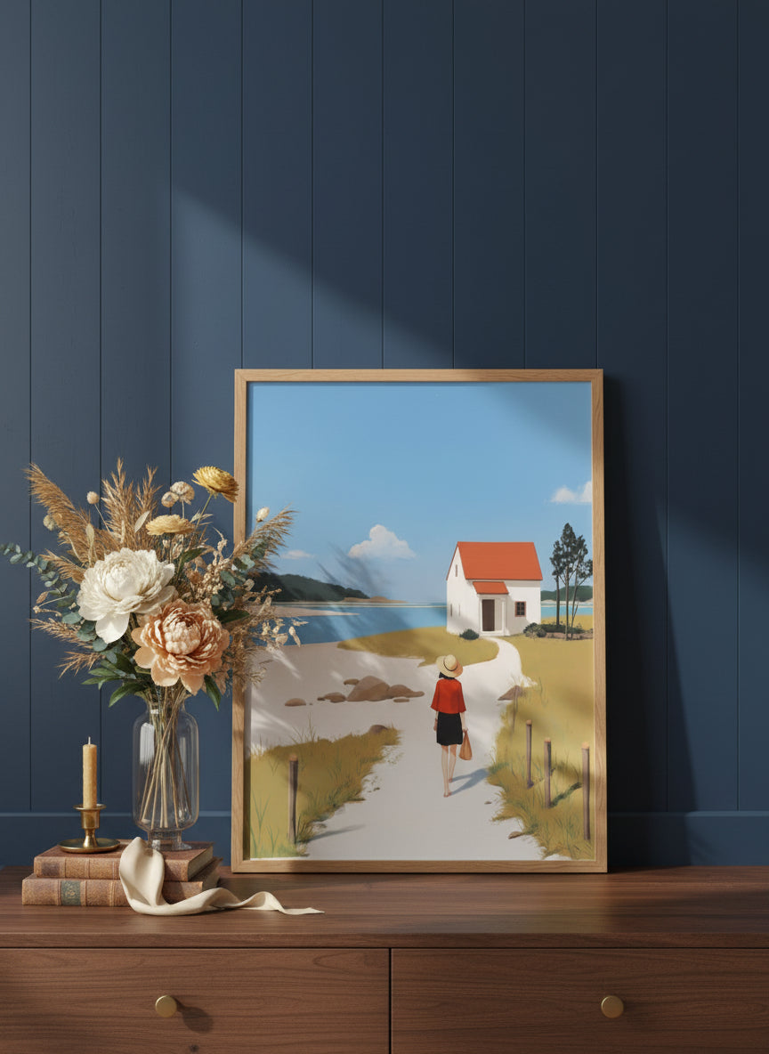 Coastal Cottage Woman Walking Art art print shown in a dresser dried florals setting