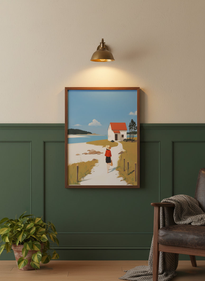 Coastal Cottage Woman Walking Art art print shown in a forest green walnut setting
