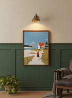 Coastal Cottage Woman Walking Art art print shown in a forest green walnut setting