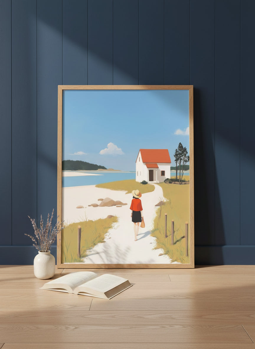 Coastal Cottage Woman Walking Art art print shown in a navy paneled oak setting