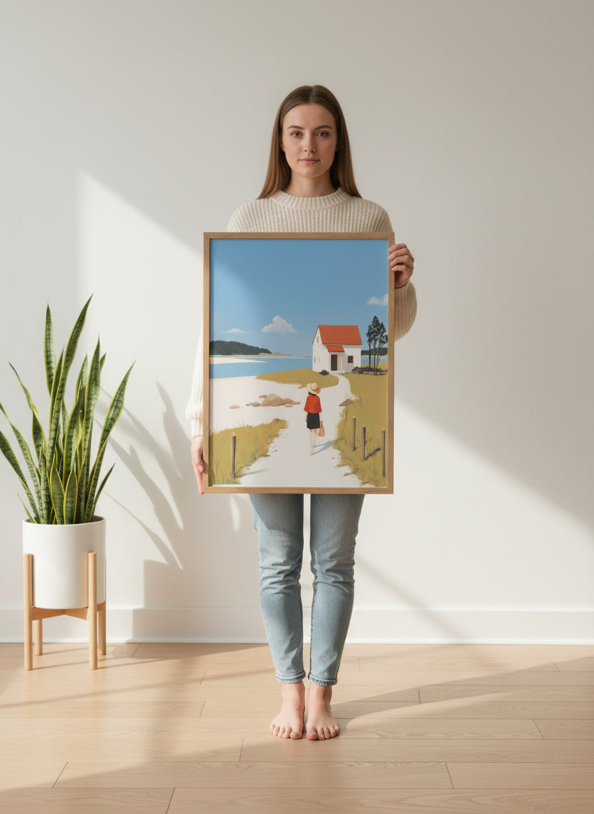 Coastal Cottage Woman Walking Art art print shown in a person holding bright setting