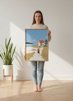 Coastal Cottage Woman Walking Art art print shown in a person holding bright setting