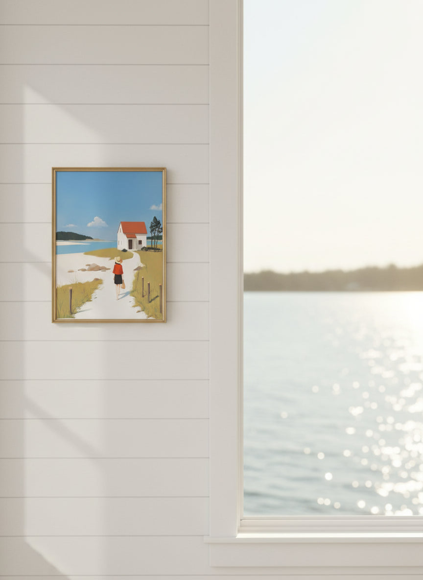Coastal Cottage Woman Walking Art art print shown in a shiplap blurred view setting