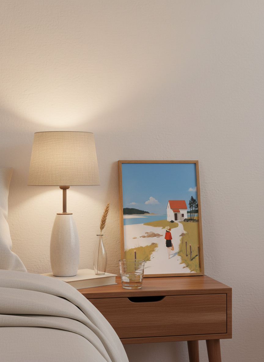 Coastal Cottage Woman Walking Art art print shown in a small bedside oak setting