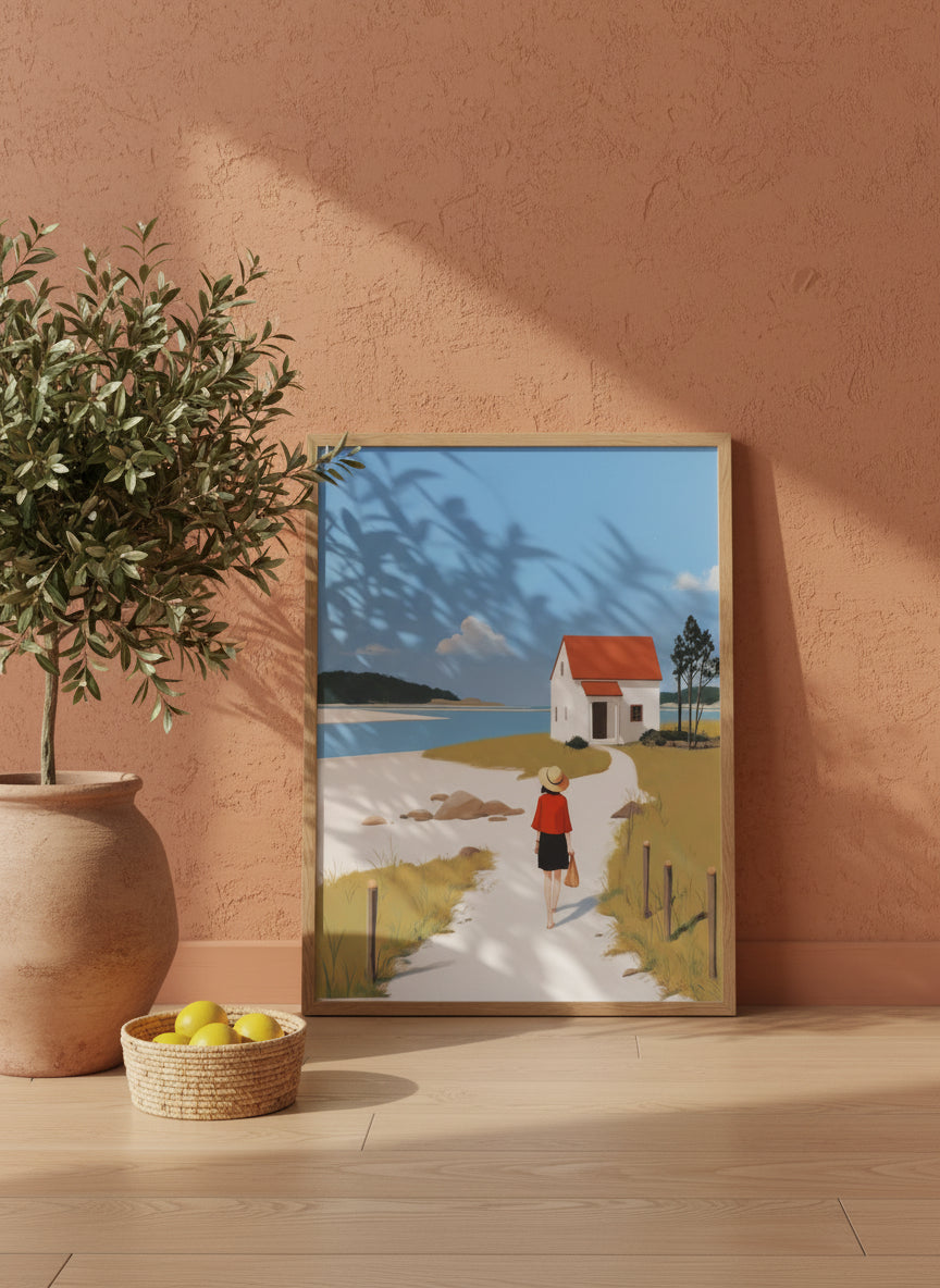 Coastal Cottage Woman Walking Art art print shown in a terracotta rustic setting