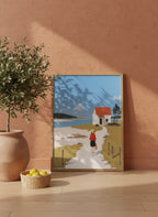 Coastal Cottage Woman Walking Art art print shown in a terracotta rustic setting