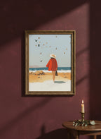 Retro Woman Beach Birds Art art print shown in a burgundy brass setting