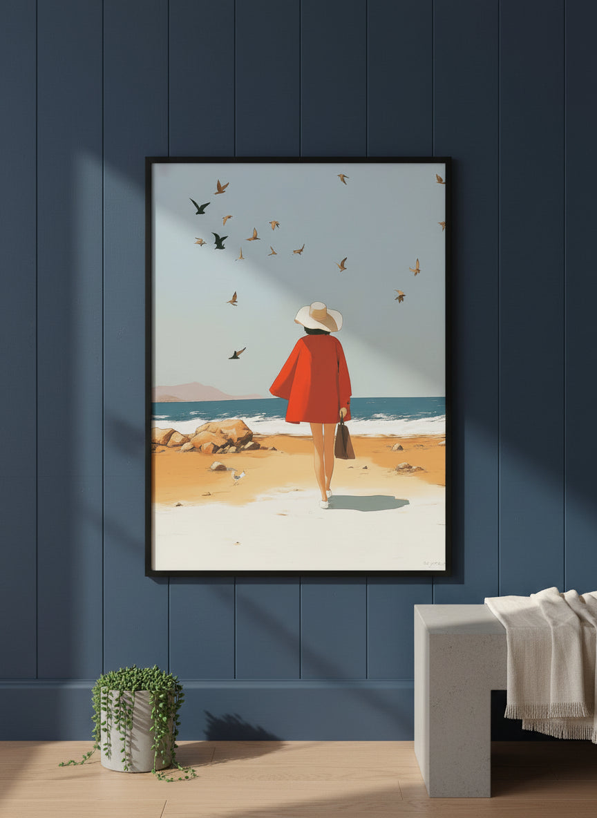 Retro Woman Beach Birds Art art print shown in a charcoal minimal black setting