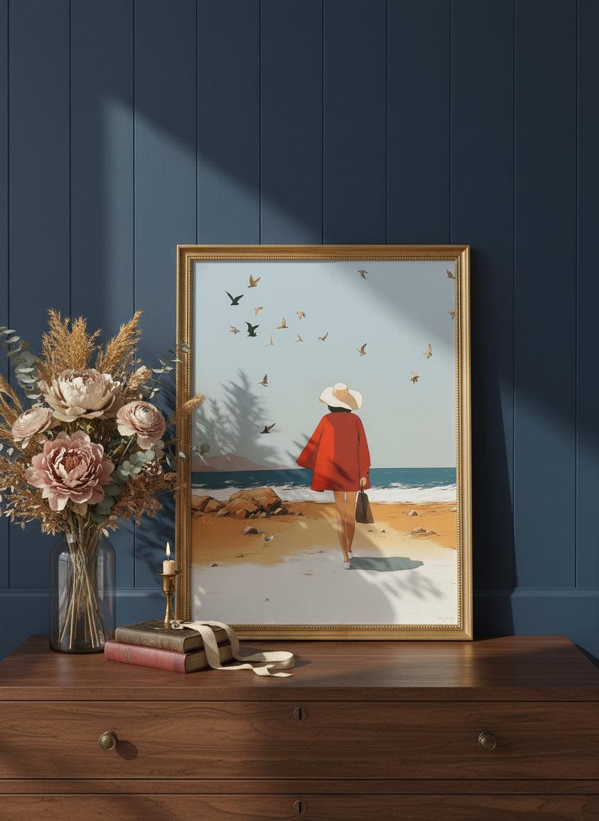 Retro Woman Beach Birds Art art print shown in a dresser dried florals setting