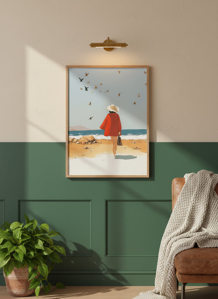 Retro Woman Beach Birds Art art print shown in a forest green walnut setting