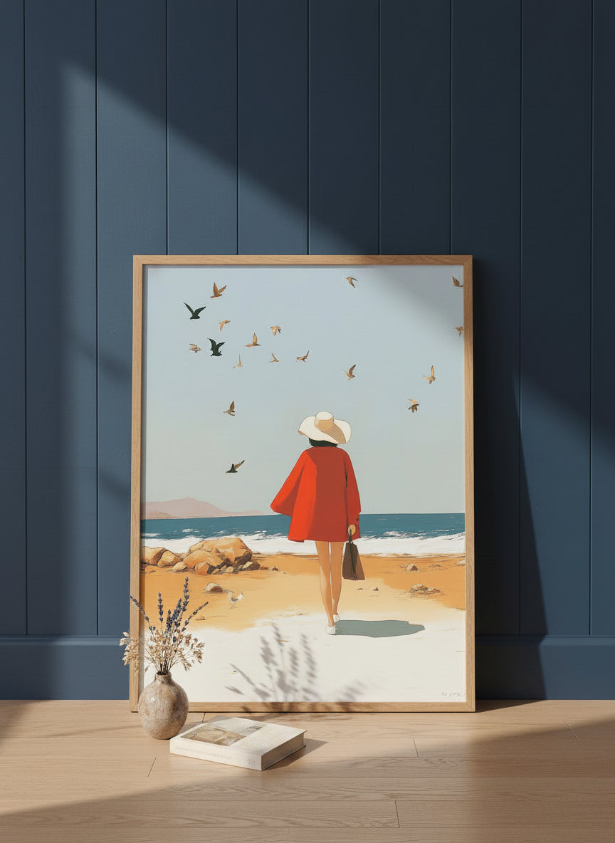 Retro Woman Beach Birds Art art print shown in a navy paneled oak setting