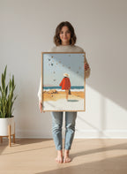 Retro Woman Beach Birds Art art print shown in a person holding bright setting