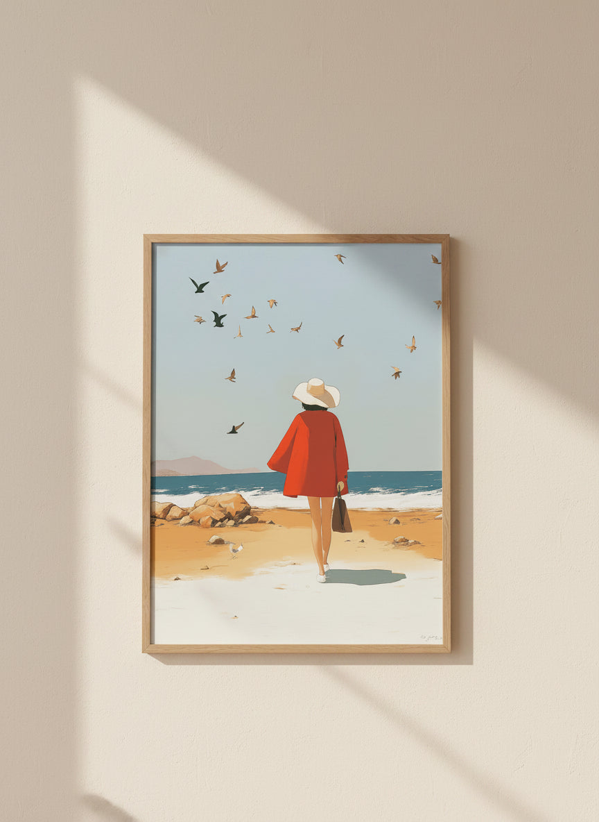 Retro Woman Beach Birds Art art print